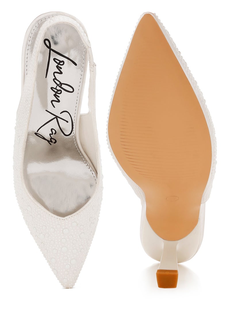 London Rag Luxurious Satin Pearl Slingback Sandals in White  - Image 4