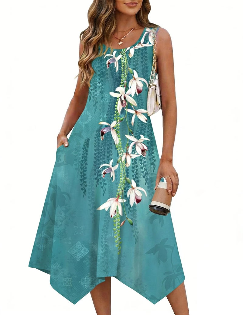 HOTOUCH Womens Vacation Outfits 2026 Casual Summer Dress Women Sleeveless Floral A-Line Midi Tank Dress Beach Hawaiian Vacation Cute Petite Beach Flowy with Pockets Blue XL - Image 1