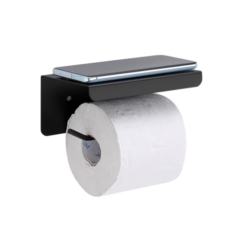 ACHRO Self Adhesive and Wall Mount Black Stainless Steel Toilet Paper Holder with Mobile Stand, Tissue Paper Holder with Shelf, Toilet Paper Roll Holder for Bathroom, Bathroom Accessories Black Finish - Image 1