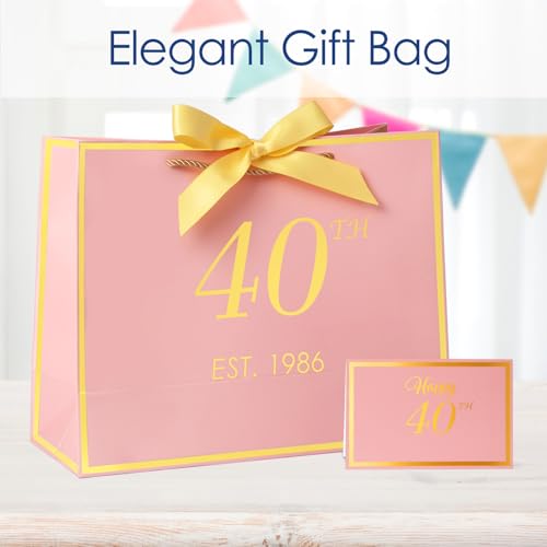 momoake 40th Birthday Gift Bag with Card and Tissue Paper for Women/Her, 1986 40 Year Old 13" Elegant Pink Gold Anniversary Keepsake Party Present Shopping Paper Bags for 40th Birthday Decorations - Image 2