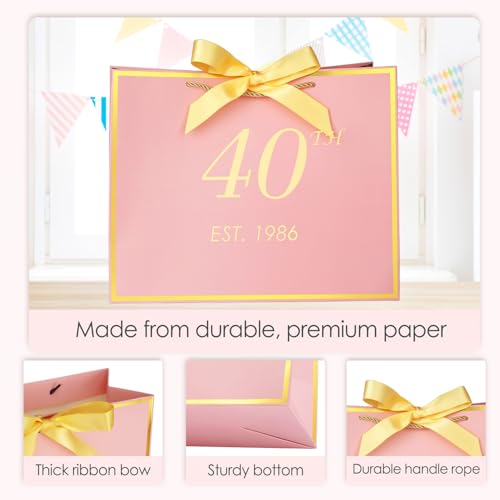 momoake 40th Birthday Gift Bag with Card and Tissue Paper for Women/Her, 1986 40 Year Old 13" Elegant Pink Gold Anniversary Keepsake Party Present Shopping Paper Bags for 40th Birthday Decorations - Image 5