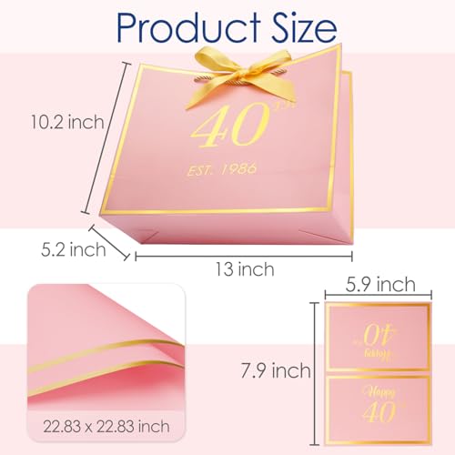 momoake 40th Birthday Gift Bag with Card and Tissue Paper for Women/Her, 1986 40 Year Old 13" Elegant Pink Gold Anniversary Keepsake Party Present Shopping Paper Bags for 40th Birthday Decorations - Image 3