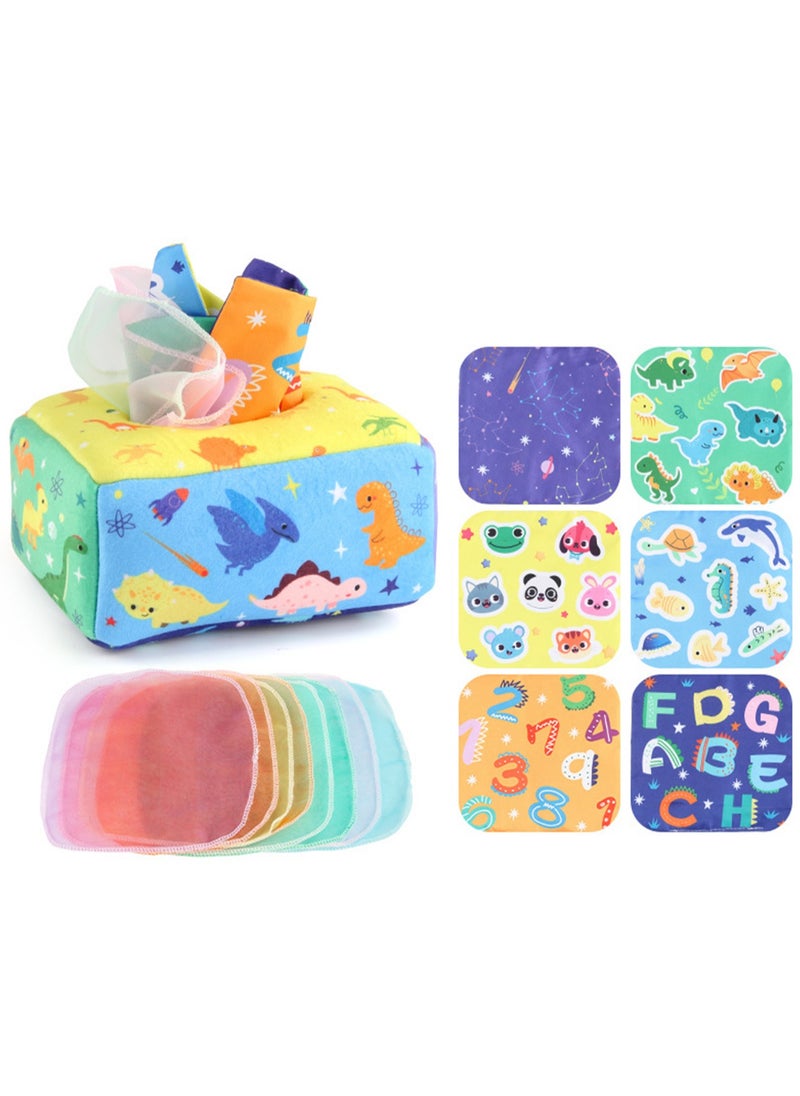 Baby Early Education Cloth Book Tissue Box Sound Paper Square Towel Cognitive Animal English Tear-resistant Children's Cloth Book Toy, 3 Square Towels + 8 Silk Scarves (Dinosaur type)  - Image 1