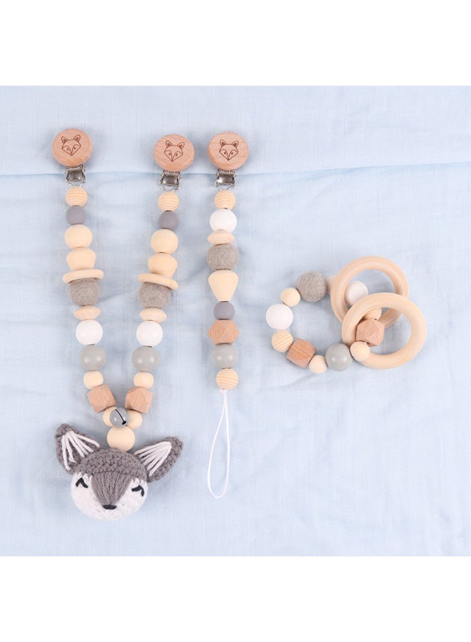Baby Stroller Chain Pendant Three-piece Diy Colorful Cartoon Fox Wooden Grinding Stick Nipple Chain-Color:Gray (pearl Bag Packaging)-Specifications:Pacifier Chain Size: About 28cm Bracelet Size: About 10cm - Image 1