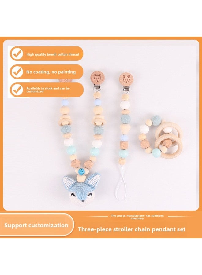 Baby Stroller Chain Pendant Three-piece Diy Colorful Cartoon Fox Wooden Grinding Stick Nipple Chain-Color:Gray (pearl Bag Packaging)-Specifications:Pacifier Chain Size: About 28cm Bracelet Size: About 10cm - Image 2