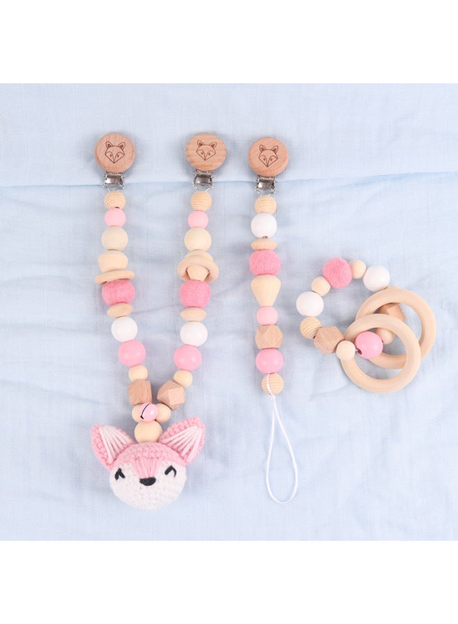 Baby Stroller Chain Pendant Three-piece Diy Colorful Cartoon Fox Wooden Grinding Stick Nipple Chain-Color:Gray (pearl Bag Packaging)-Specifications:Pacifier Chain Size: About 28cm Bracelet Size: About 10cm - Image 3