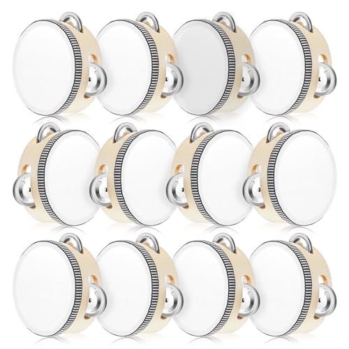 Lukmaa 12 Pcs Wedding Tambourine Drum Bulk for Adults Hand Held Percussion Gift Christmas Wood Metal Jingles Musical Educational Drum Instrument for Church Wedding Party GamesWhite4 Inch - Image 1