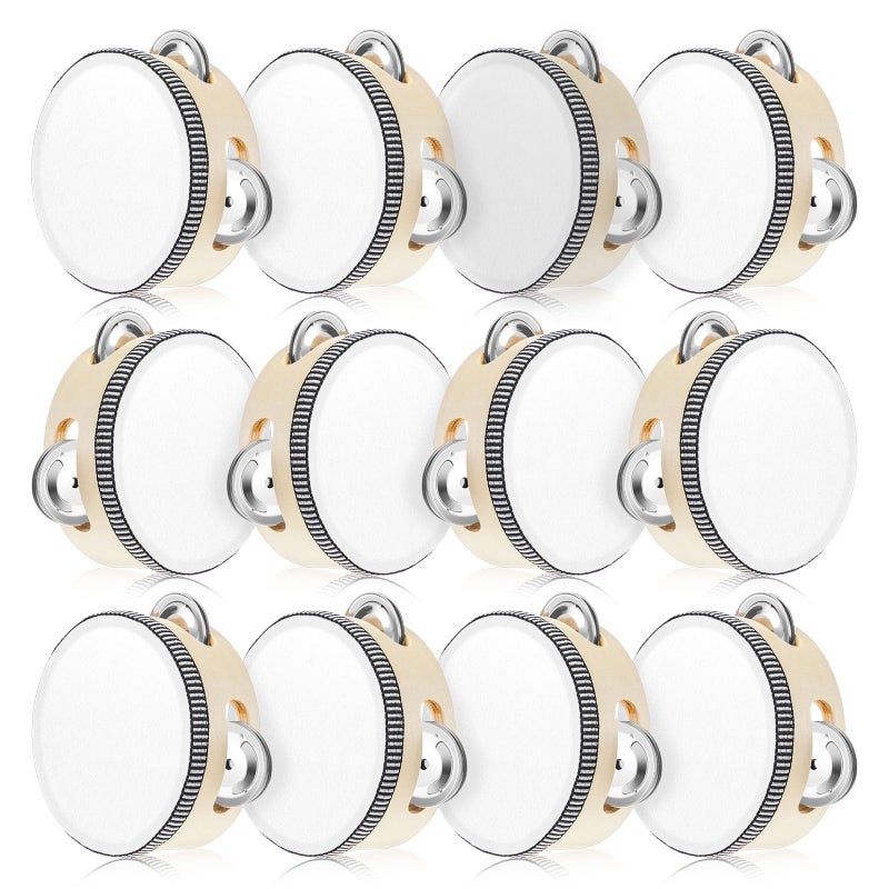 Lukmaa 12 Pcs Wedding Tambourine Drum Bulk for Adults Hand Held Percussion Gift Christmas Wood Metal Jingles Musical Educational Drum Instrument for Church Wedding Party GamesWhite4 Inch - Image 2