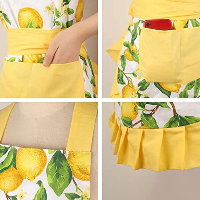 g2plus Thick Lemon Cotton Apron, Kitchen Apron for Women, Adjustable Cooking Apron with Pocket for Baking, Garden, Christmas - Image 3