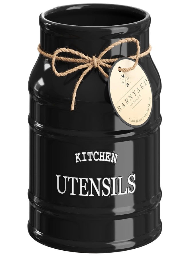 Barnyard Designs Ceramic Farmhouse Utensil Holder for Kitchen Counter, Large Rustic Utensil Crock, Countertop Cooking Tool Spatula Organizer, 6.75” (Black) - Image 1