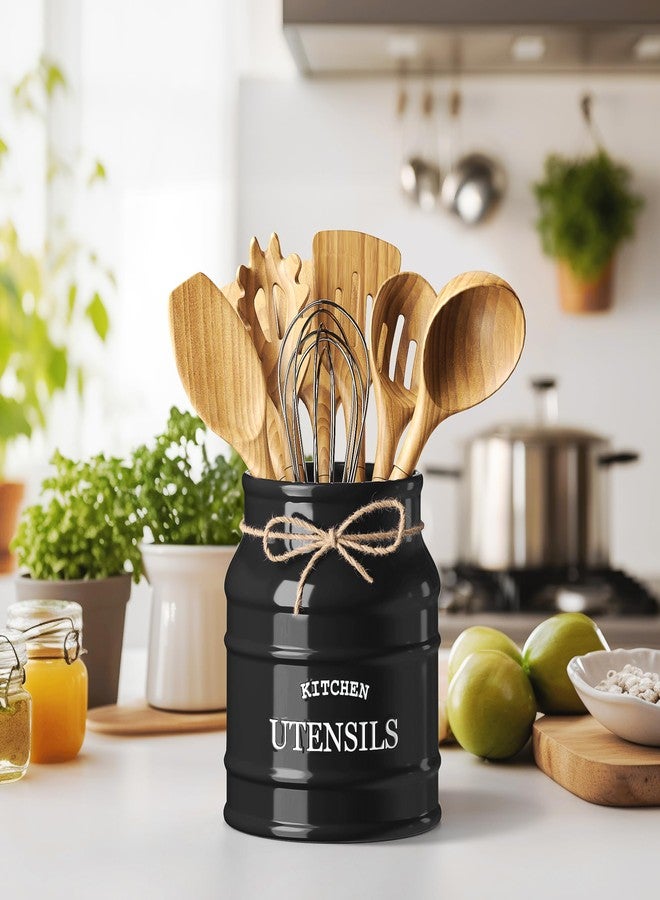Barnyard Designs Ceramic Farmhouse Utensil Holder for Kitchen Counter, Large Rustic Utensil Crock, Countertop Cooking Tool Spatula Organizer, 6.75” (Black) - Image 2