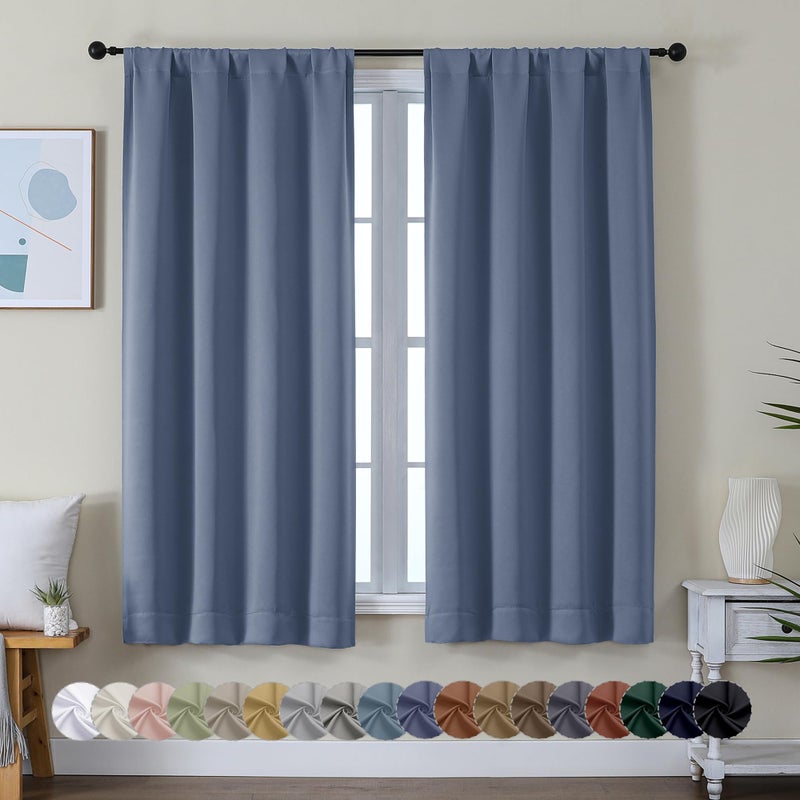 Simplebrand Ava Denim Blue Blackout Curtains for Bedroom 63 Inch Length 2 Panels, Solid Thermal Insulated Energy Saving Rod Pocket Window Treatment Curtains Blackout Drapes, W40 x L63 Inch, Denim Blue - Image 1