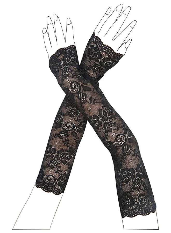 UV Protection Lace Arm Sleeves, Women's Floral Lace Sleeves Hollow Out Long Sunscreen Gloves Fingerless Driving Gloves - Image 1