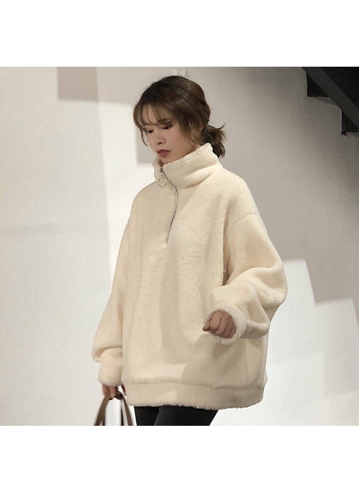 Generic Winter Korean-style Loose Lazy Style Lamb Wool Coat Trendy Imitation Lamb Wool Ins All-match Pullover Sweatshirt for Women White Black  - Image 2
