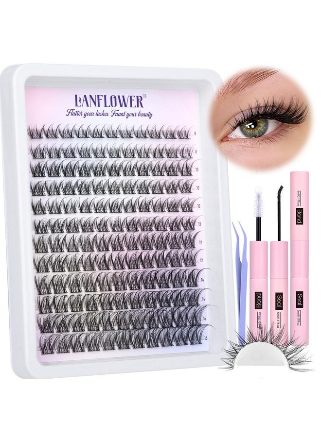 Lanflower Lash Clusters Kit Wispy Lash Extension Kit C Curl Eyelash Clusters Kit Natural Cluster Eyelash Extensions Kit 8-16mm Individual Lashes with Lash Bond and Seal Lash Tweezers - Image 1