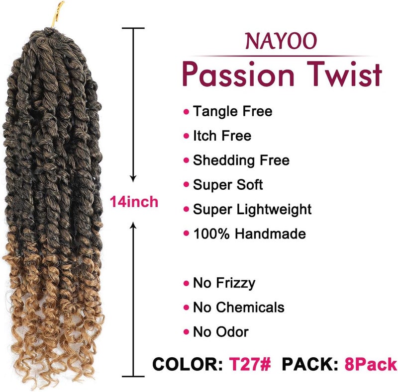 NAYOO Passion Twist Hair - 8 Packs 14 Inch Passion Twist Crochet Hair For Women, Crochet Pretwisted Curly Hair Passion Twists Synthetic Braiding Hair Extensions (14 Inch 8 Packs, T27) - Image 2