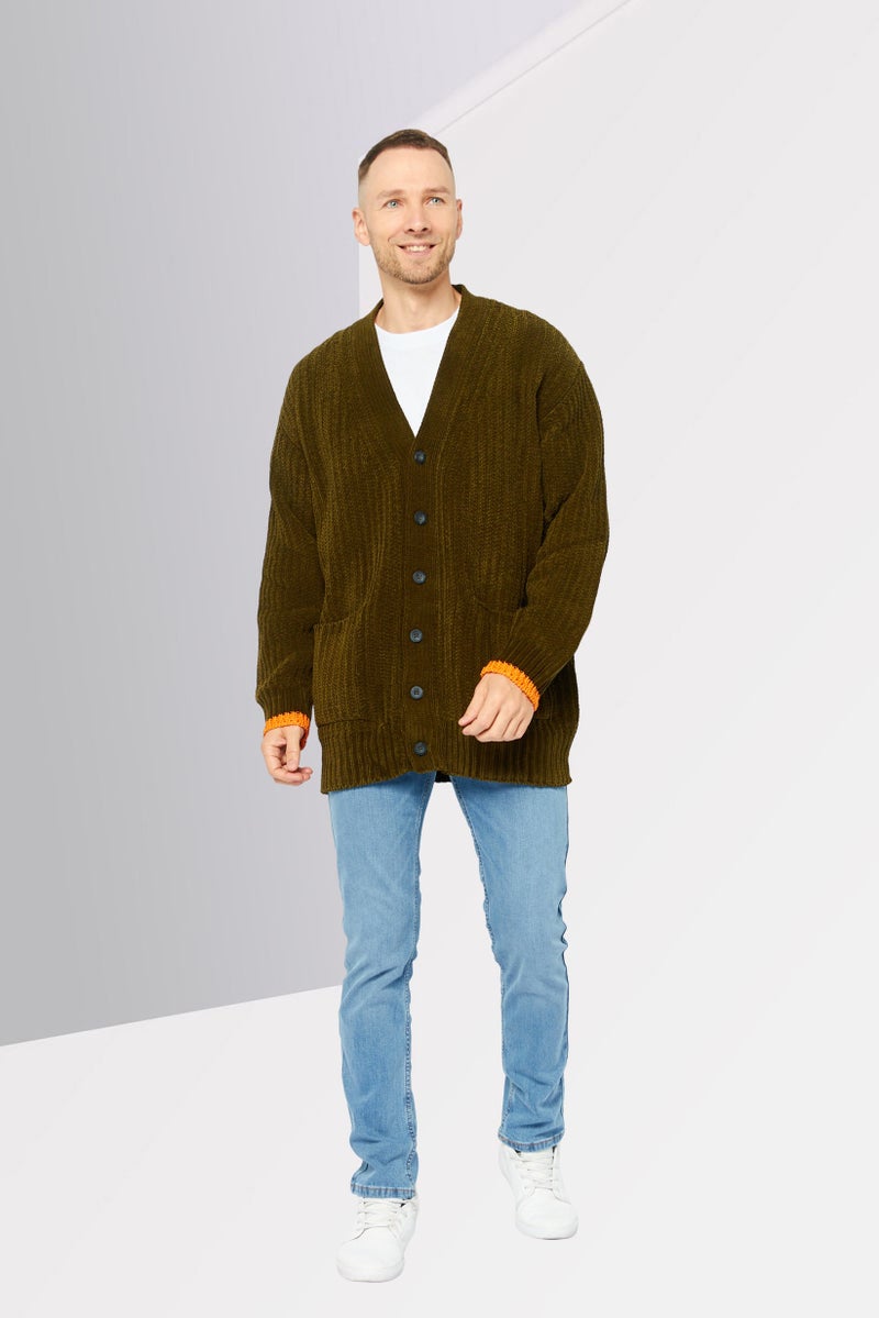 DIESEL Men V-Neck Textured Cardigan, Olive  - Image 2