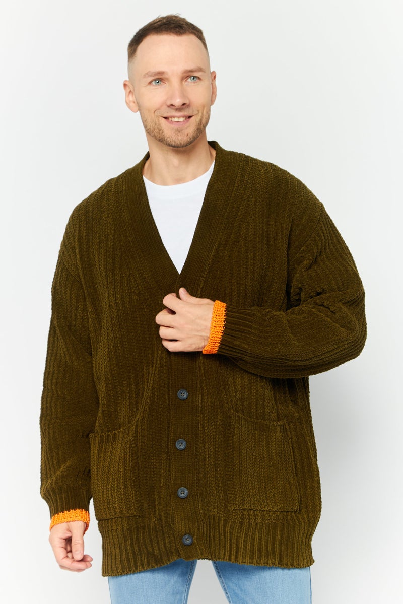 DIESEL Men V-Neck Textured Cardigan, Olive  - Image 1