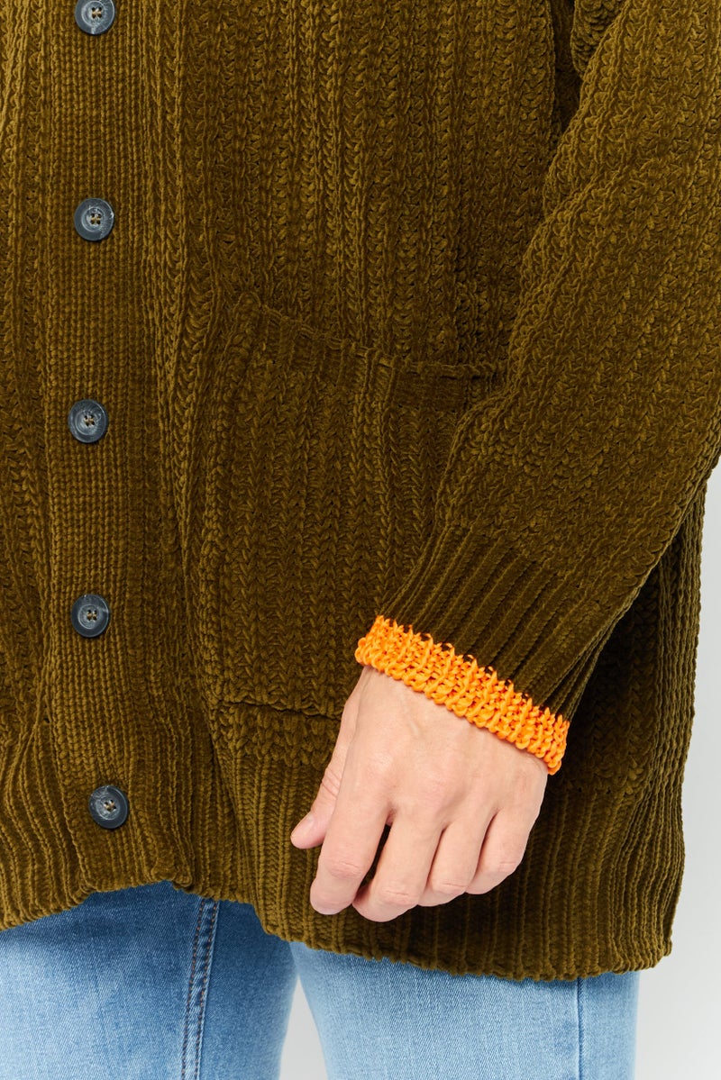 DIESEL Men V-Neck Textured Cardigan, Olive  - Image 3