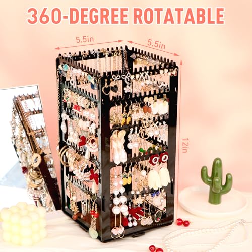 17Dec 360 Rotating Earring Holder Organizer Stand,5 Tiers Acrylic Jewelry Organizers and Storage,Stud Earring Organizers and Storage,228 Holes and 232 Grooves for Earrings Necklaces chain bracelet - Image 2