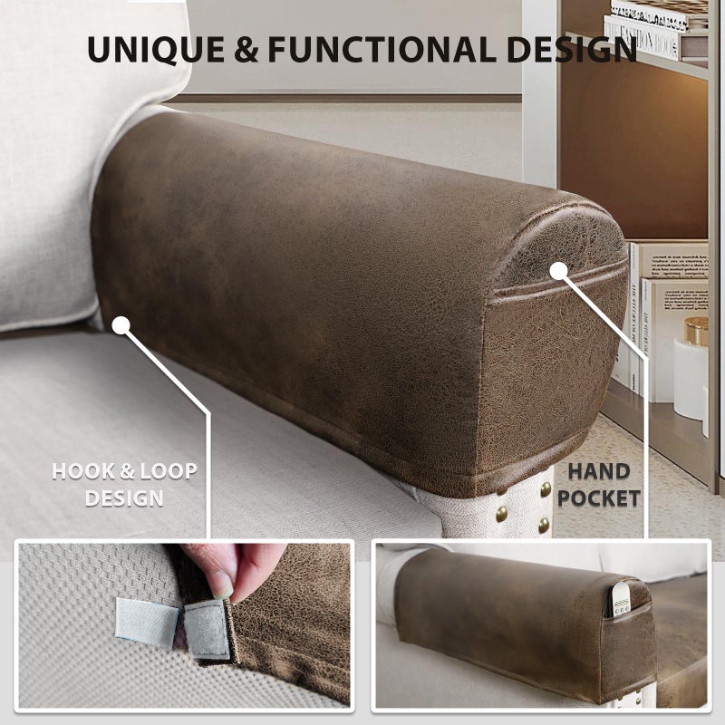ANARACHON Leather Look Couch Arm Covers Set of 2 Armrest Covers for Sofa Chair Arm Protectors Stretch Armchair Slipcovers with Pockets Washable Spandex Fabric (Medium, Brown) - Image 5