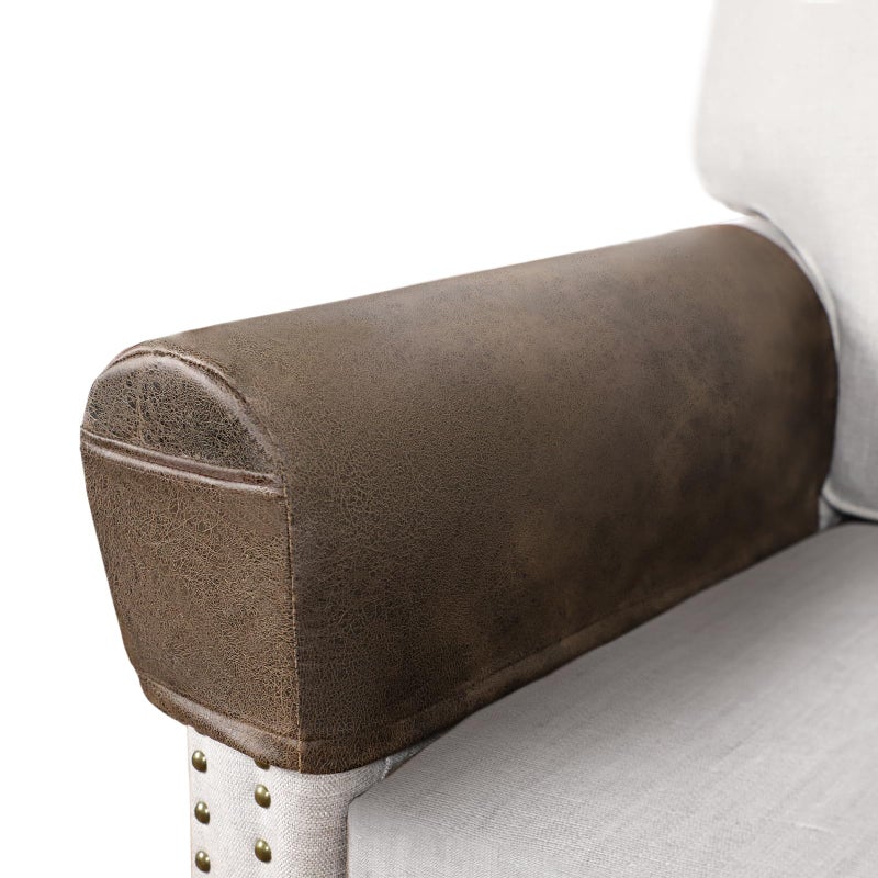 ANARACHON Leather Look Couch Arm Covers Set of 2 Armrest Covers for Sofa Chair Arm Protectors Stretch Armchair Slipcovers with Pockets Washable Spandex Fabric (Medium, Brown) - Image 1