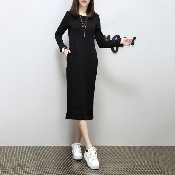 Add velvet padded fat mm200 kg Fall/Winter New vests womens long skirt large size womens long bottoming dress Black  - Image 1