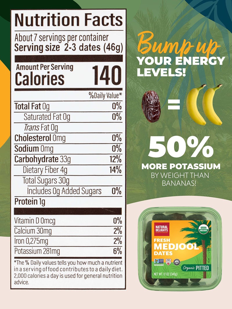 Natural Delights Medjool Dates - Jumbo USDA Certified Organic Pitted Dates Medjool, Non-GMO Verified, Good Source of Fiber, Naturally Sweet Fruit Snack, Perfect for On-the-Go - Organic Medjool Dates Pitted, 12 oz Container - Image 2
