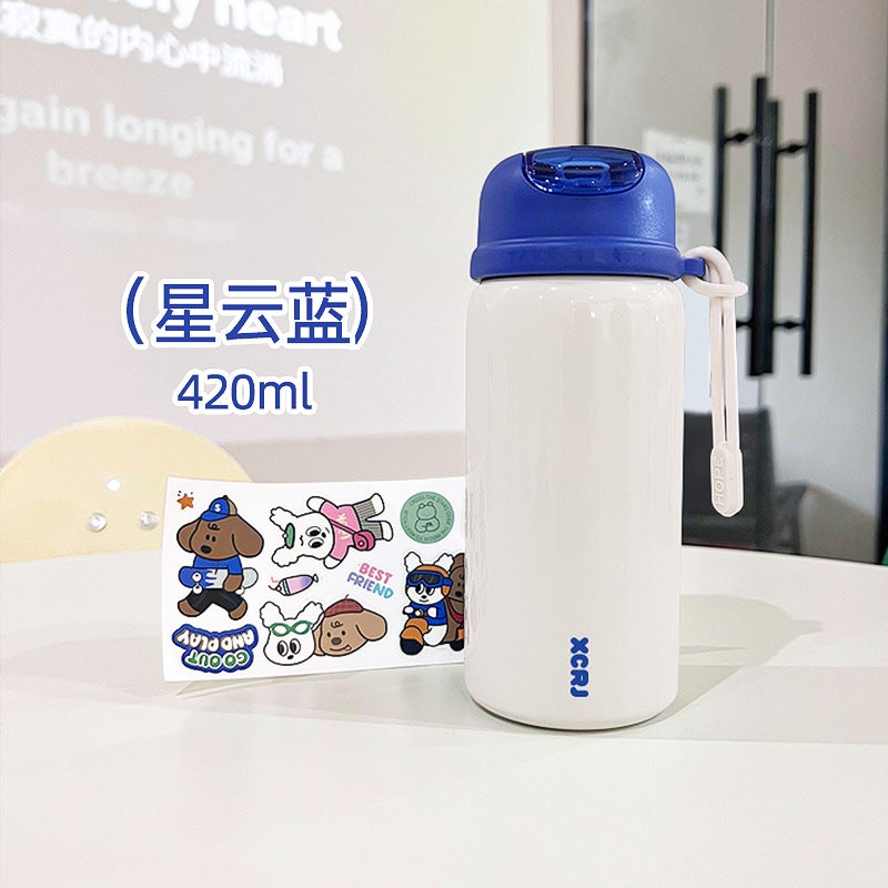Simple school thermos cup student special portable straw cup cartoon cute small stainless steel cup wholesale X-212W blue