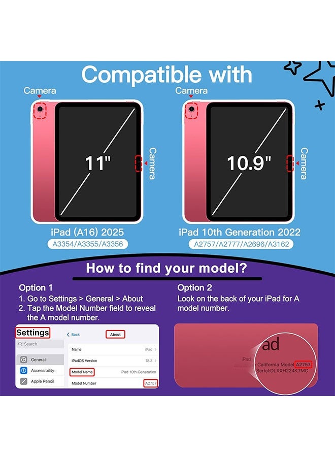 جراب أطفال لجهاز iPad الجيل الحادي عشر مقاس 11 بوصة (2025) مقابل الجيل العاشر مقاس 10.9 بوصة (2022) مع حامل بمقبض دوار 360 درجة - غطاء خفيف الوزن مقاوم للصدمات مع حامل قلم رصاص، أحمر وردي - Image 2