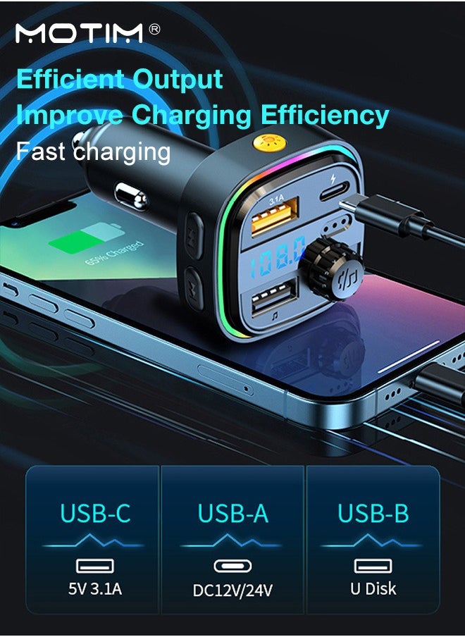 Motim - FM Transmitter Upgraded Bluetooth FM Transmitter Wireless Radio Adapter Car Kit with QC USB 3.1A Charger+ PD Fast Charging Car Charger MP3 Player Support TF Card & USB Disk - Image 1