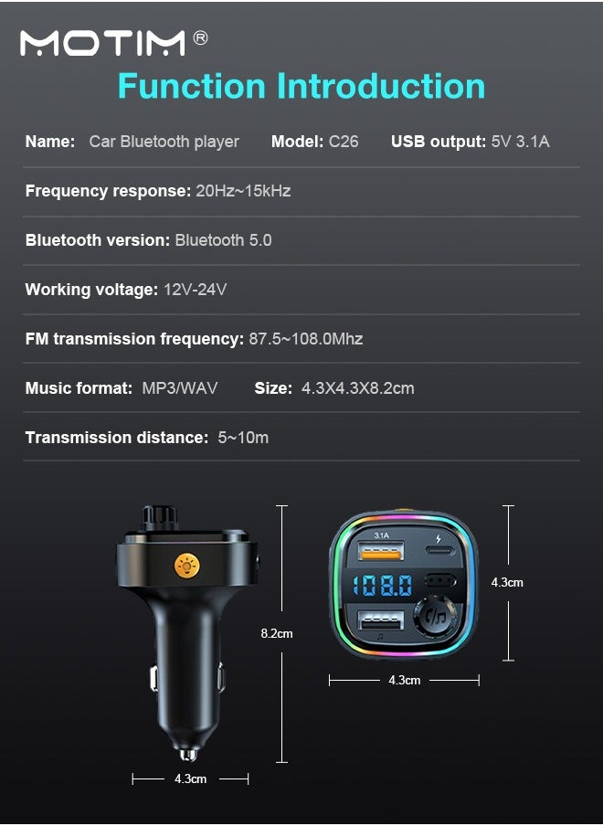 Motim - FM Transmitter Upgraded Bluetooth FM Transmitter Wireless Radio Adapter Car Kit with QC USB 3.1A Charger+ PD Fast Charging Car Charger MP3 Player Support TF Card & USB Disk - Image 1
