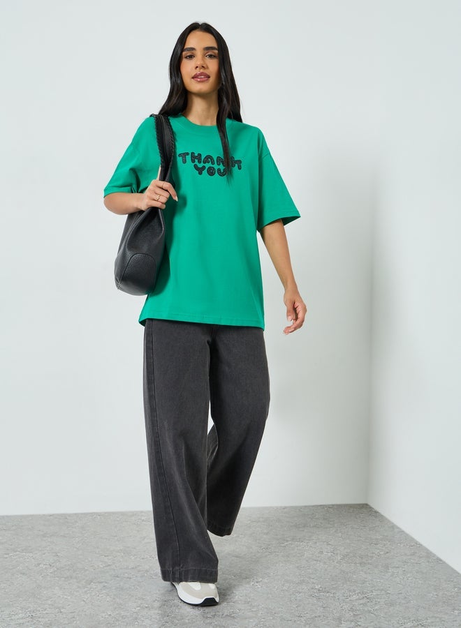 Take Two Green Oversized Slogan Print Cotton T-Shirt - Image 2