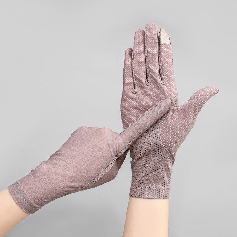 Ladies Lightweight Ice Silk Lace Anti-Slip Touchscreen Sun Protection Gloves lotus root starch 