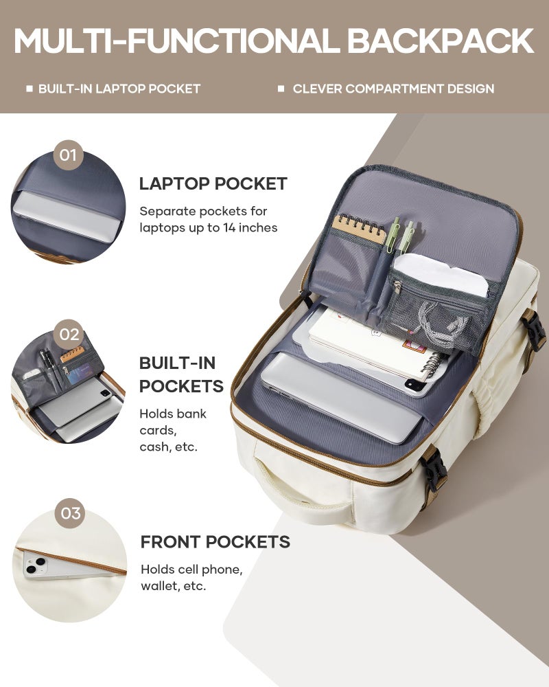 bergsalz Travel Laptop Backpack For Women Men,Carry On Backpack,Airplane Travel Essentials For Women,Personal Item Travel Bag Laptop Work Backpacks,Beige Brown - Image 3