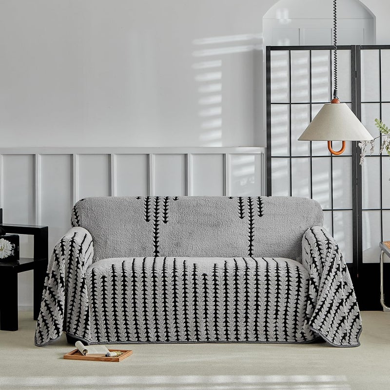 Uozzi Bedding Flannel Boho Sofa Covers Winter Couch Covers for 2 Cushion Couch Sofa Pet Friendly Soft Warm Non Slip Fleece Couch Stripes Cover - Washable and Easy Care Furniture Protector 71"x118" Gray - Image 1