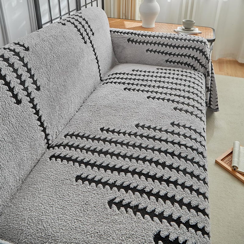 Uozzi Bedding Flannel Boho Sofa Covers Winter Couch Covers for 2 Cushion Couch Sofa Pet Friendly Soft Warm Non Slip Fleece Couch Stripes Cover - Washable and Easy Care Furniture Protector 71"x118" Gray - Image 3
