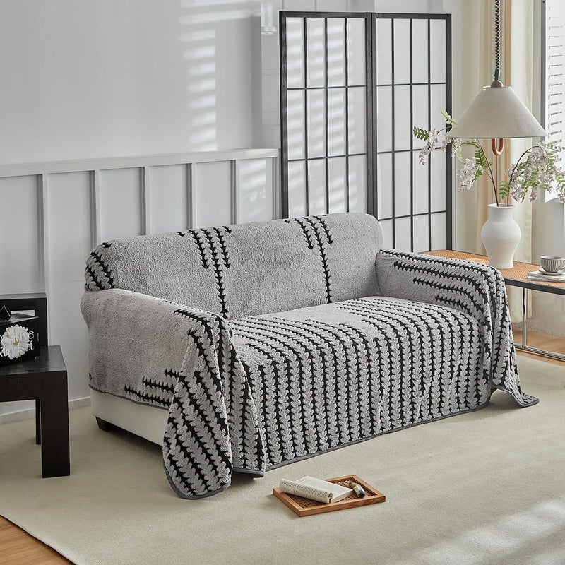 Uozzi Bedding Flannel Boho Sofa Covers Winter Couch Covers for 2 Cushion Couch Sofa Pet Friendly Soft Warm Non Slip Fleece Couch Stripes Cover - Washable and Easy Care Furniture Protector 71"x118" Gray - Image 2