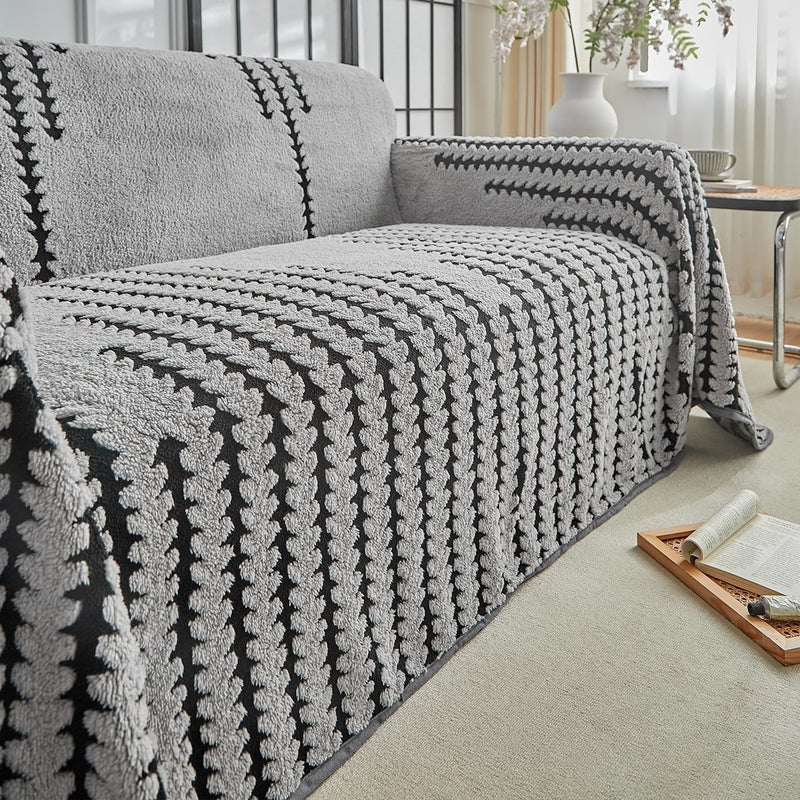 Uozzi Bedding Flannel Boho Sofa Covers Winter Couch Covers for 2 Cushion Couch Sofa Pet Friendly Soft Warm Non Slip Fleece Couch Stripes Cover - Washable and Easy Care Furniture Protector 71"x118" Gray - Image 4