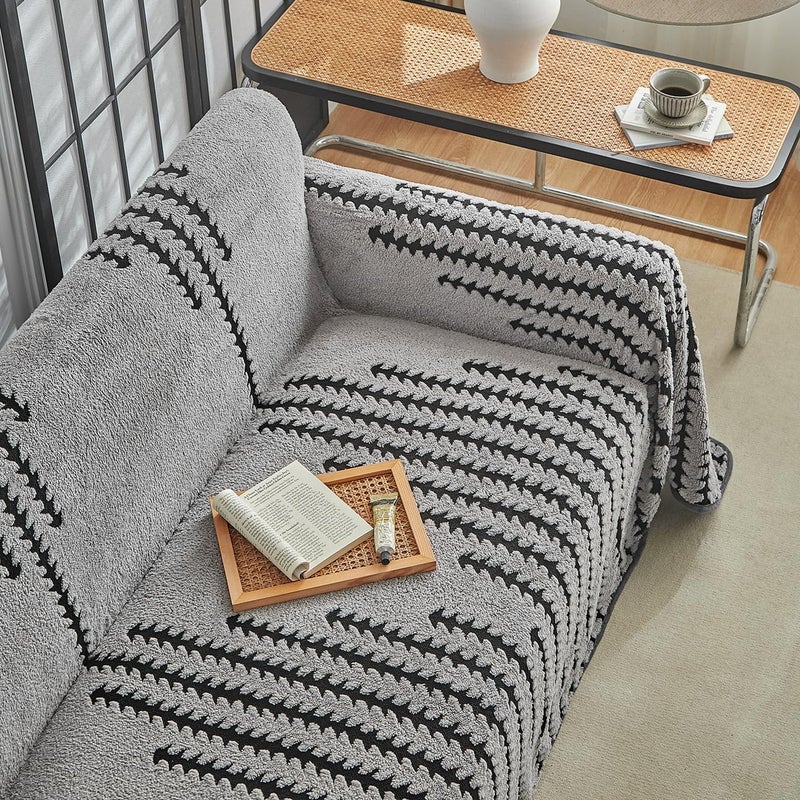 Uozzi Bedding Flannel Boho Sofa Covers Winter Couch Covers for 2 Cushion Couch Sofa Pet Friendly Soft Warm Non Slip Fleece Couch Stripes Cover - Washable and Easy Care Furniture Protector 71"x118" Gray - Image 5