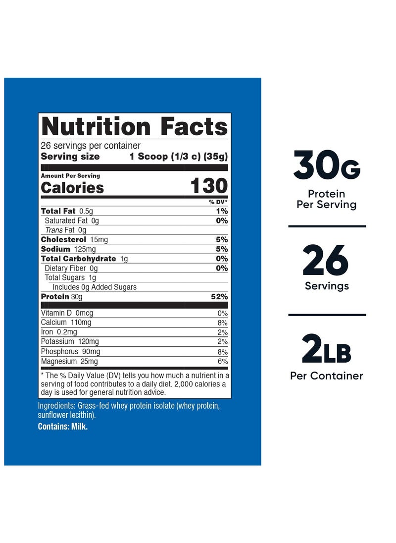 Nutricost - Grass-Fed Whey Protein Isolate, 30 G Per serving | 26 SERVINGS | 2 LB Per Container Unflavored Net Wt. 32.4 OZ (2 LB) 907 G - Image 1
