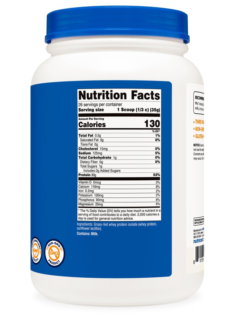 Nutricost - Grass-Fed Whey Protein Isolate, 30 G Per serving | 26 SERVINGS | 2 LB Per Container Unflavored Net Wt. 32.4 OZ (2 LB) 907 G - Image 1