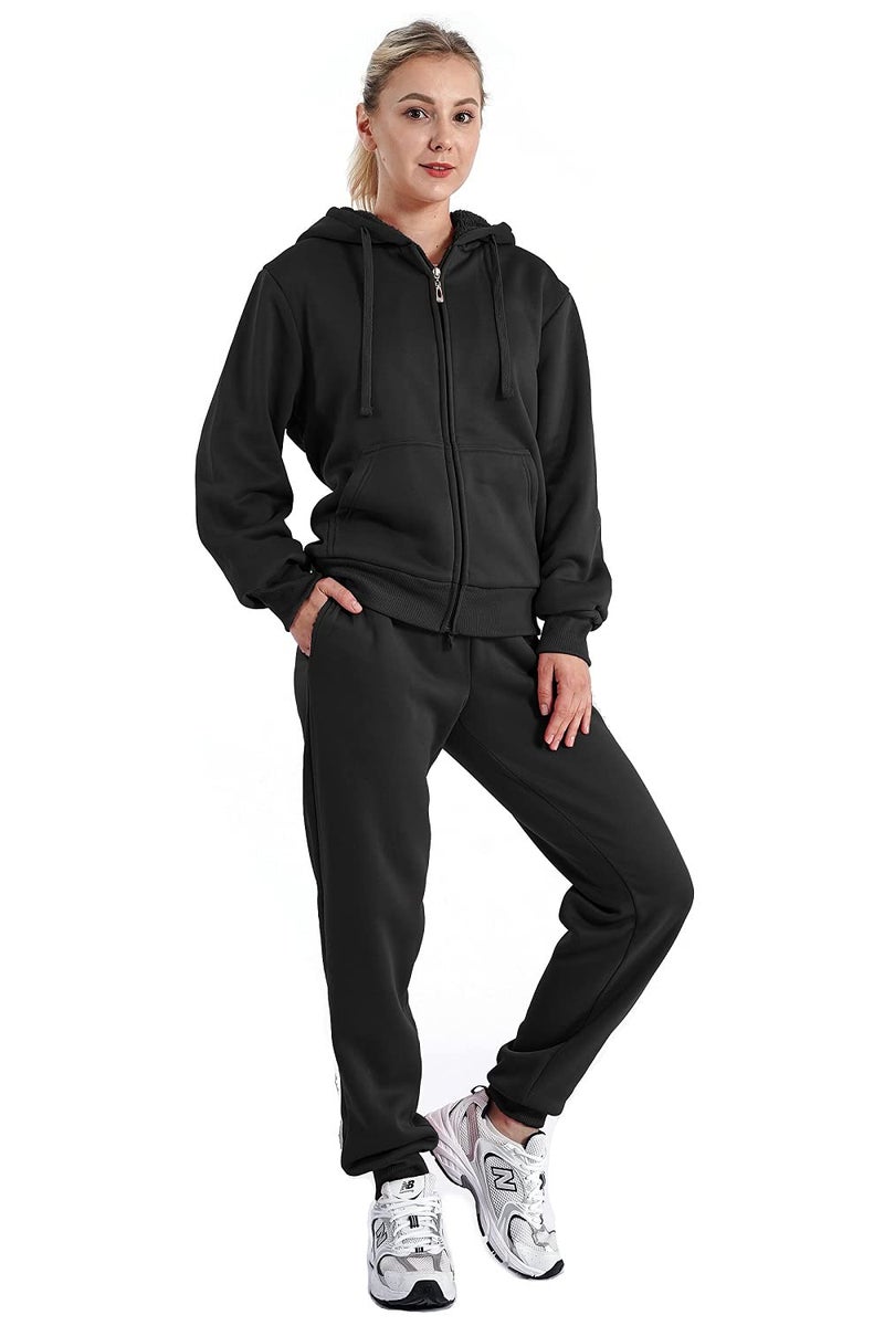 Facitisu Women Fleece Sweatsuit 2 Piece Outfit Winter Warm Sherpa Lined Tracksuit Zip Up Hoodie Sweatshirts and Sweatpants Black S - Image 1