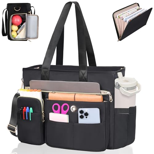 ESTARER Women Teacher Tote Bag 2Pcs 156 Laptop Work Bag Computer bag with Expandable File Folder Large WaterResistant Messenger Shoulder bag wInsulated Pocket for OfficeTravelCollege Black - Image 1