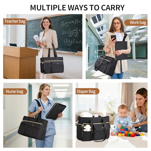 ESTARER Women Teacher Tote Bag 2Pcs 156 Laptop Work Bag Computer bag with Expandable File Folder Large WaterResistant Messenger Shoulder bag wInsulated Pocket for OfficeTravelCollege Black - Image 3