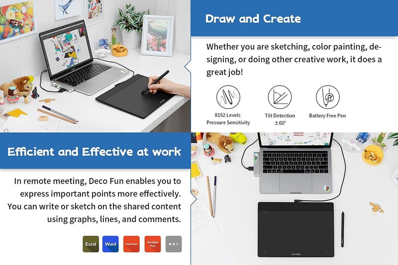 Deco Fun L Graphic Drawing Tablets 10x6 Inches Digital Drawing Pad Art Tablet with 8192 Levels of Pressure Battery-Free Stylus for Digital Drawing, Animation, Online Teaching(Black) - Image 4