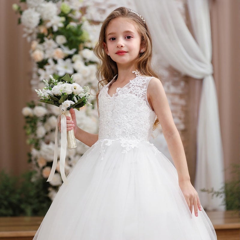 PLwedding Flower Girl Dress Kids Lace Applique Pageant Ball Gown Prom Dresses (Size 12, White) - Image 2