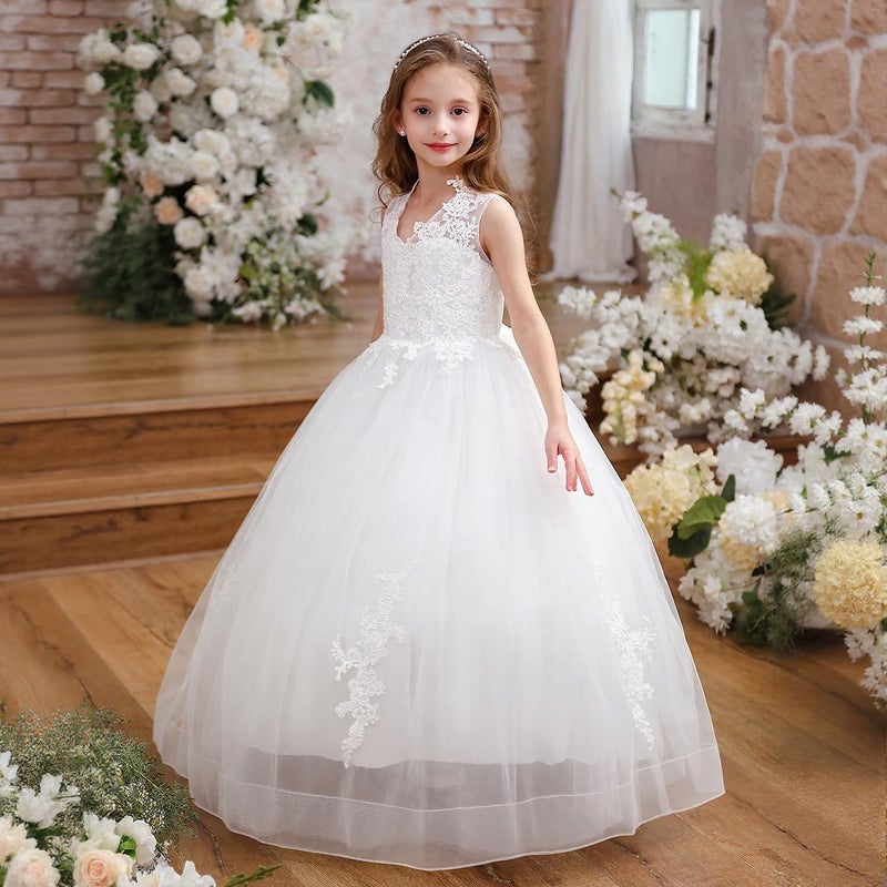 PLwedding Flower Girl Dress Kids Lace Applique Pageant Ball Gown Prom Dresses (Size 12, White) - Image 3