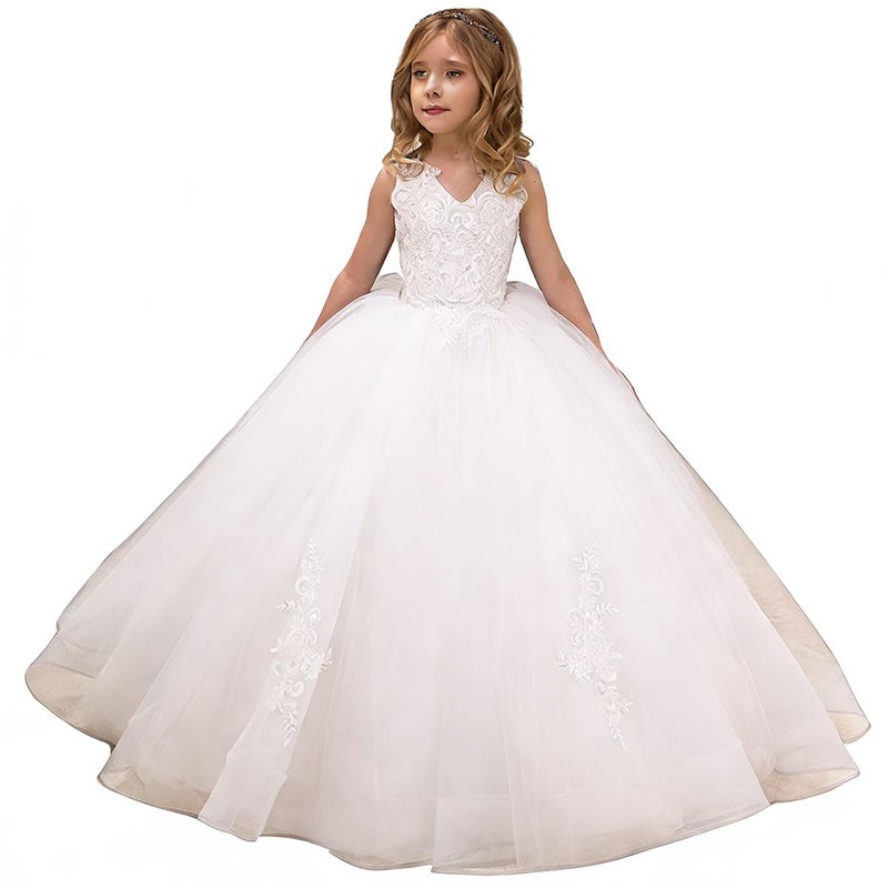 PLwedding Flower Girl Dress Kids Lace Applique Pageant Ball Gown Prom Dresses (Size 12, White) - Image 1