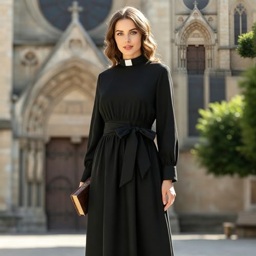 CAMDOM Church Clergy Dress for Women Long Sleeve A Line Elegant Maxi Dress with Tab Collar and Belt Black - Image 2